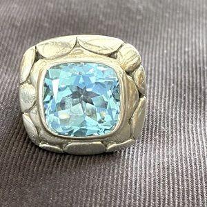 Authentic JOHN HARDY Sterling Silver Blue Topaz Large Batu Kali Square Ring.